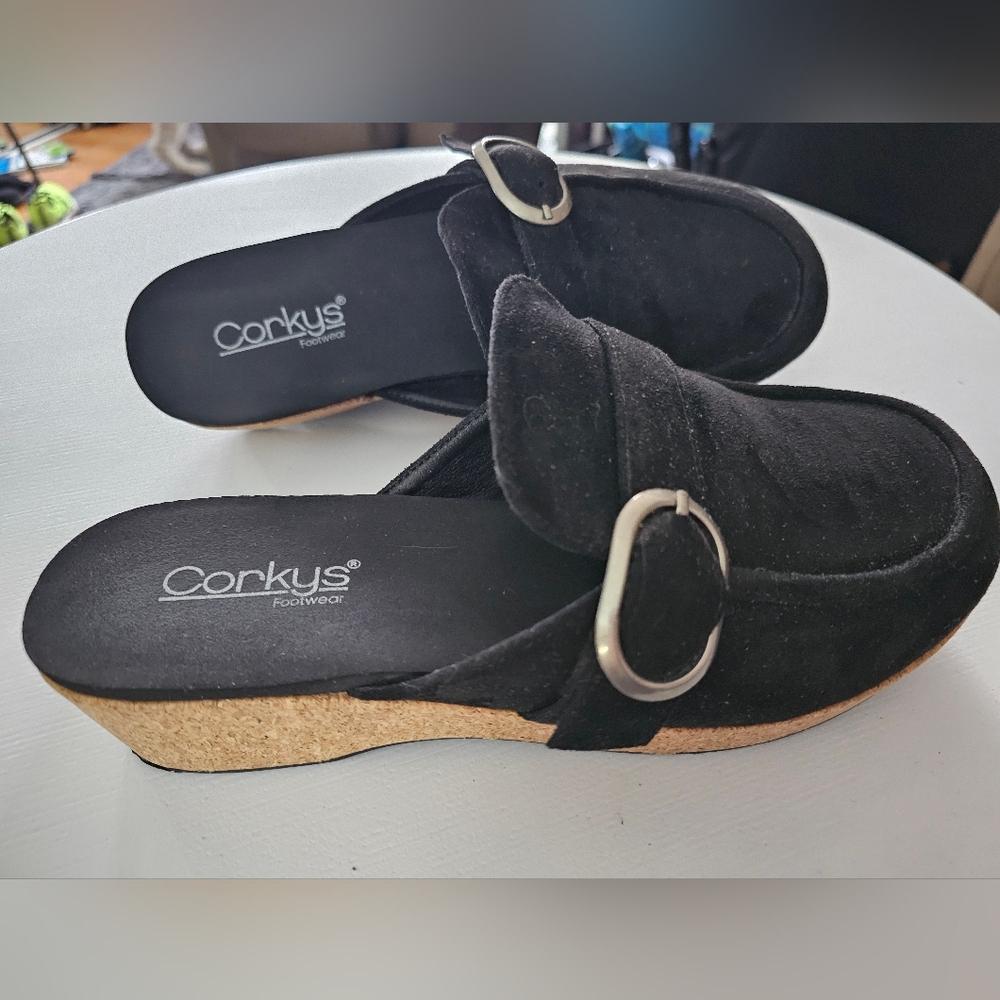 Corkys Black Suede "All Get Out" Mules with Silver Buckle Size 10 (No Box)
